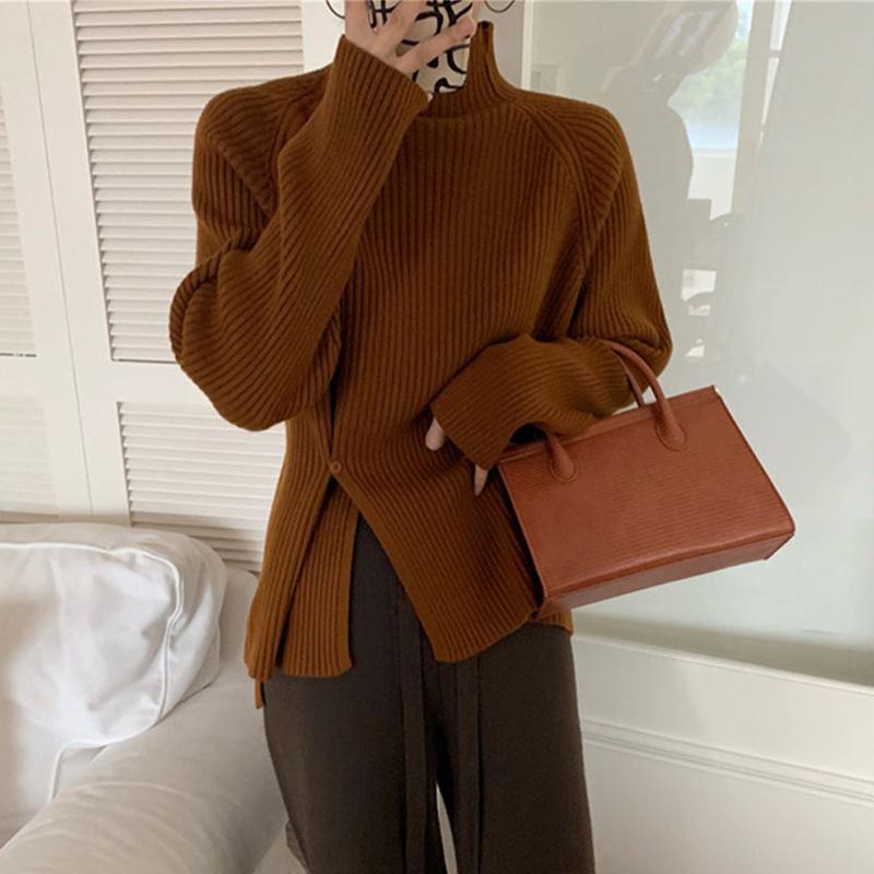 Свитер с динамиком, женский осенне-зимний свитер с длинными рукавами и нишевым туннелем в стиле ретро с вязаным свитером кофейный