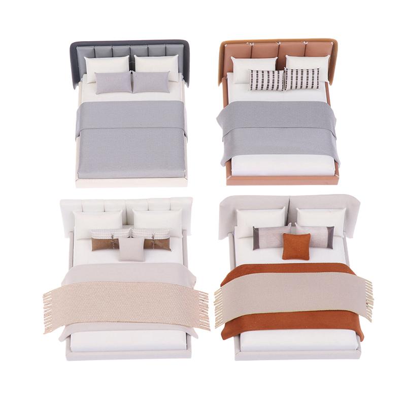 

Dollhouse New Cream Style Double Bed Model Micro Scene Model Miniature Furniture Dolls Accessory Simulated Furniture Ornament