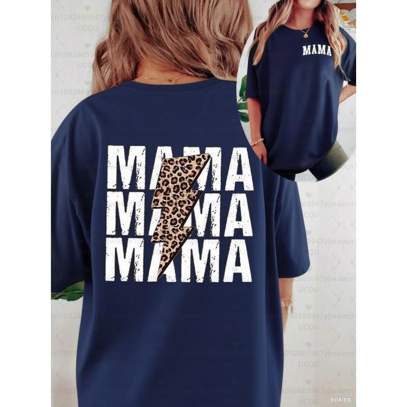Women's Short Skeeve Casual T-Shirt With Letter & Lightning Print MAMA MAMA MAMA Graphic Cheetah Print Tees Women Tops