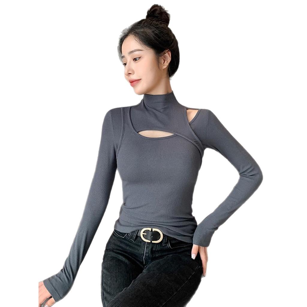 Halbhoher Kragen Herbst Neu Hohl Grau Gestrickter Pullover Schlanke Passform Vielseitig Hochwertiges Hemd