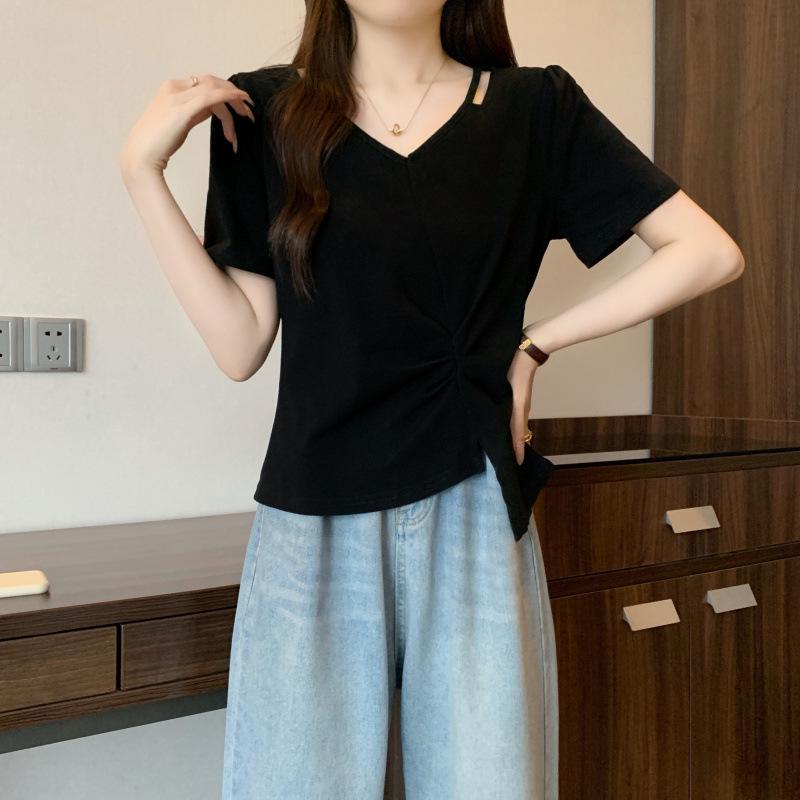 Summer 2026 Plus Size Women’s Irregular Shoulder Short Sleeve V-Neck Hollow T-Shirt Plus Size 4XL