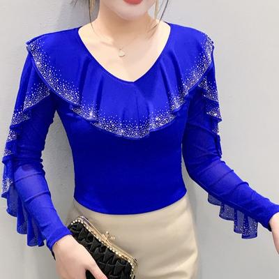 New Spring Summer T-shirt Women's V-Neck Ruffled Hot Diamonds Long Sleeve Tees Blouse Y2K Streetwear Elegant Slim Mesh Tops