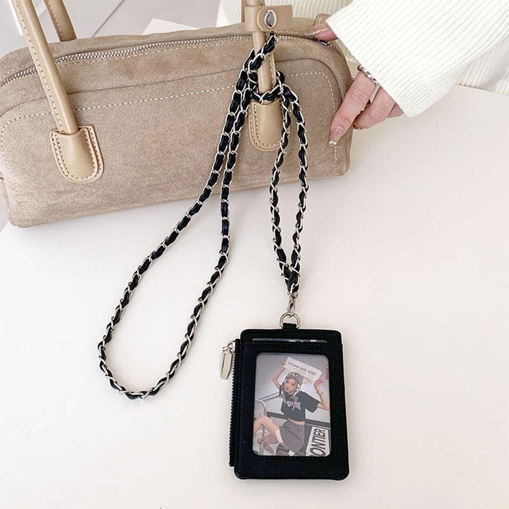 Creative Chain Card Holder PU Leather with Lanyard ID Card Card Holder Photos Protective Cover