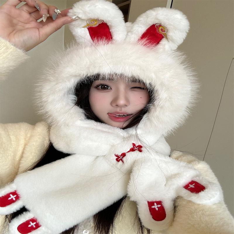 New New Year's rabbit plush hat scarf integrated female cute winter cycling warm scarf female cute