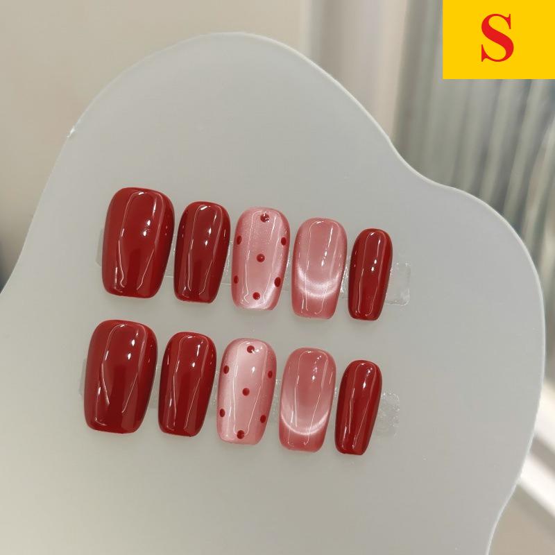 

10pcs New Handmade Press on Nails Red Polka Dot Autumn&Winter Cat s Eye Full Coverage Nail Removable False Nail for Women&Girls