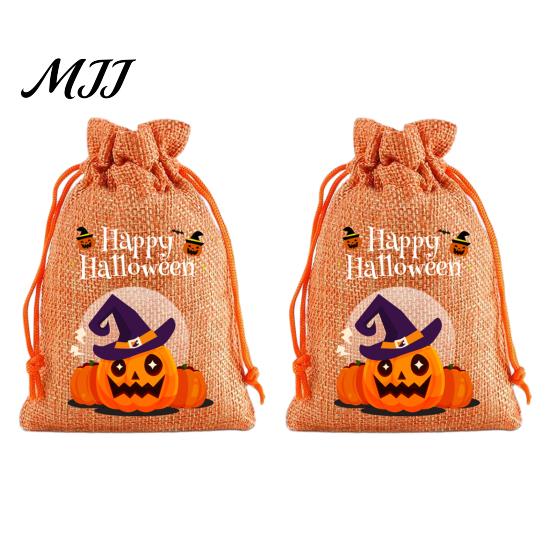 Small Storage for Candies 2Pcs Halloween Pumpkin Drawstring Bags Candy Treats, Retro Burlap Pattern Party Favors Trick or Treat Bags, Portable Goodie