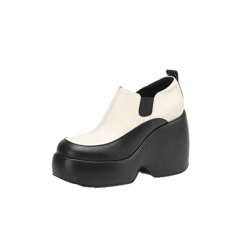 10CM ultra-high heel waterproof table color matching leather single shoes women's 2025 new round head thick sole wedge heel versatile loafers