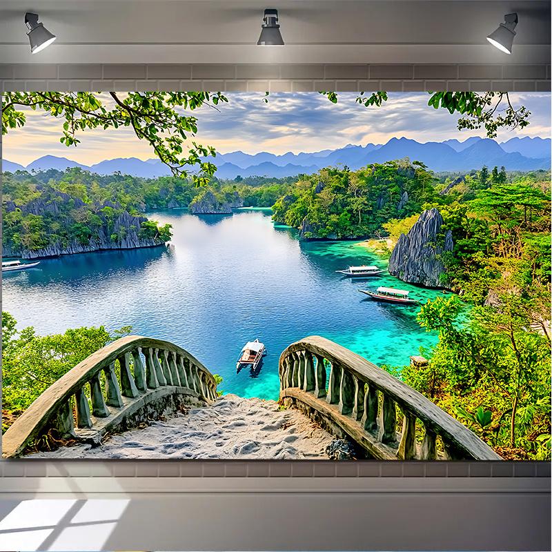 1pc Tropical Island Park - Clear waters boats lush greenery and mountain scenery wall decoration (as the picture,150X100)