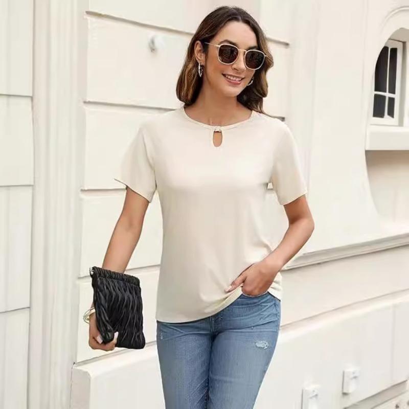 YYFS Women's Fashion Casual Summer Spring Solid Color Print Short Sleeve O-Neck Blouses & Shirts