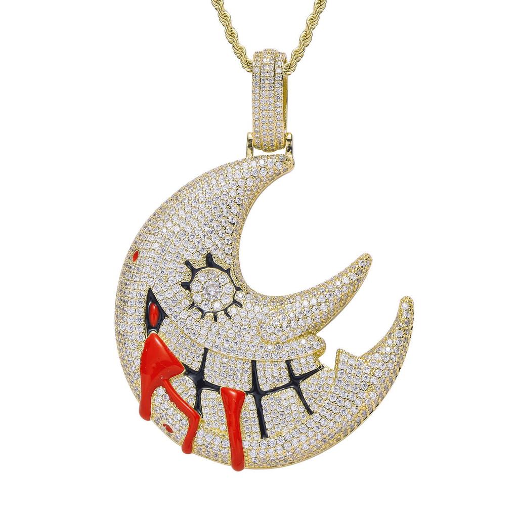 European & American Moon Pendant: Gold-Plated, Zirconia, Exaggerated Cuban Chain