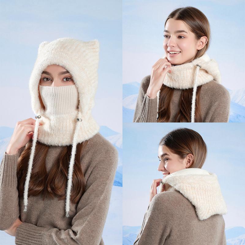 Winter  Scarf Mask Integrated Hat Women's Fleece Cold-proof Knitted Wool Hat Outdoor Warm Ear Protective Hat