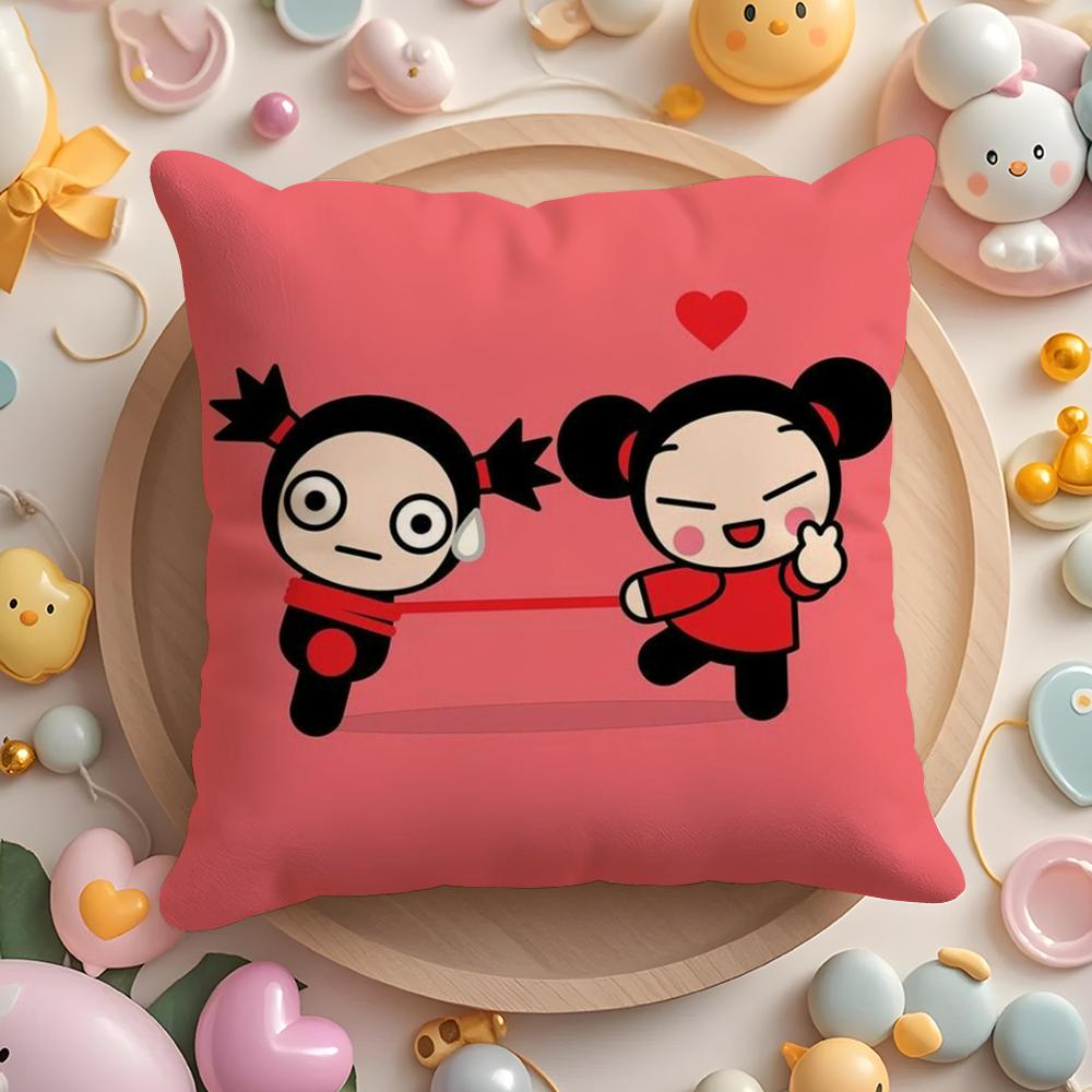 Kawaii P-Pucca Anime Cushion Cover Plush Fabric Soft Double-Sided Printed Sofa Pillow Case Colorfast Home Decor Gift