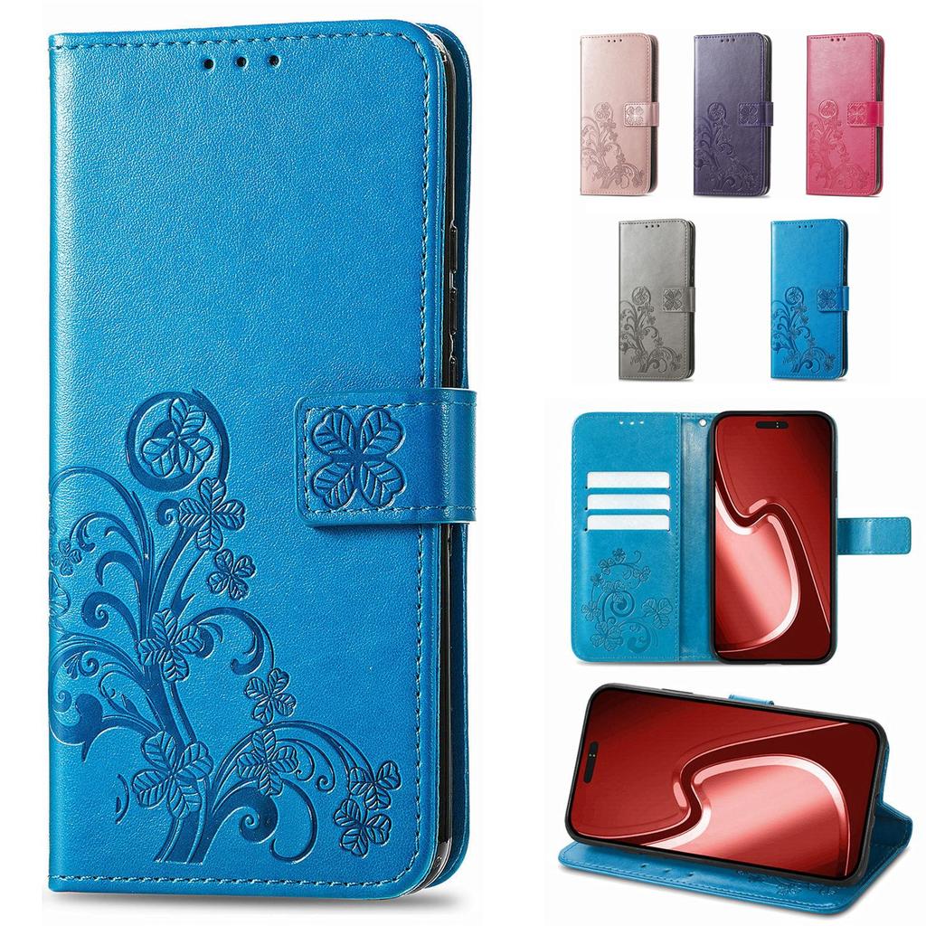 Leather Wallet Flip Case for Motorola Moto G05 G15 Power G75 G85 G56 G86 G57 G67 G77 5G Embossed Clover Floral Design