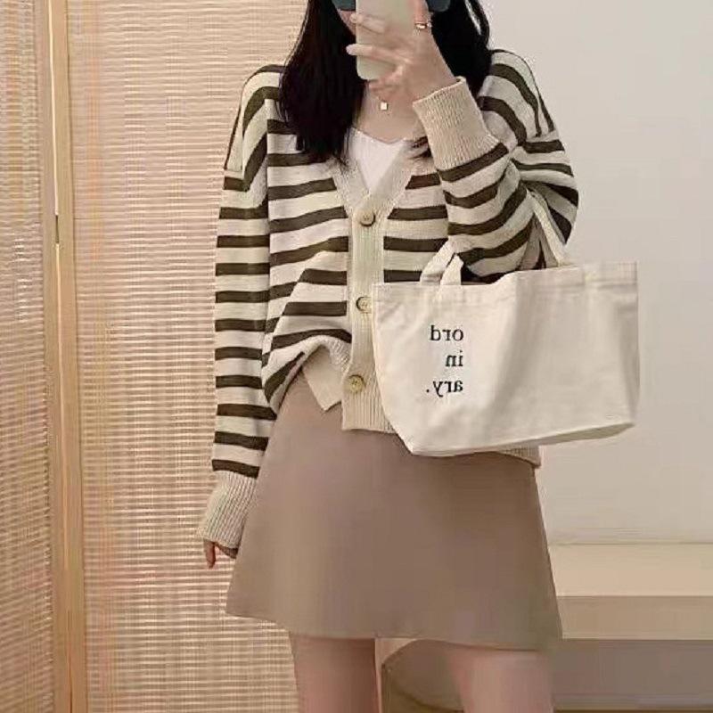 Korean Style Striped V-Neck Chic Knit Cardigan Sweater for Women