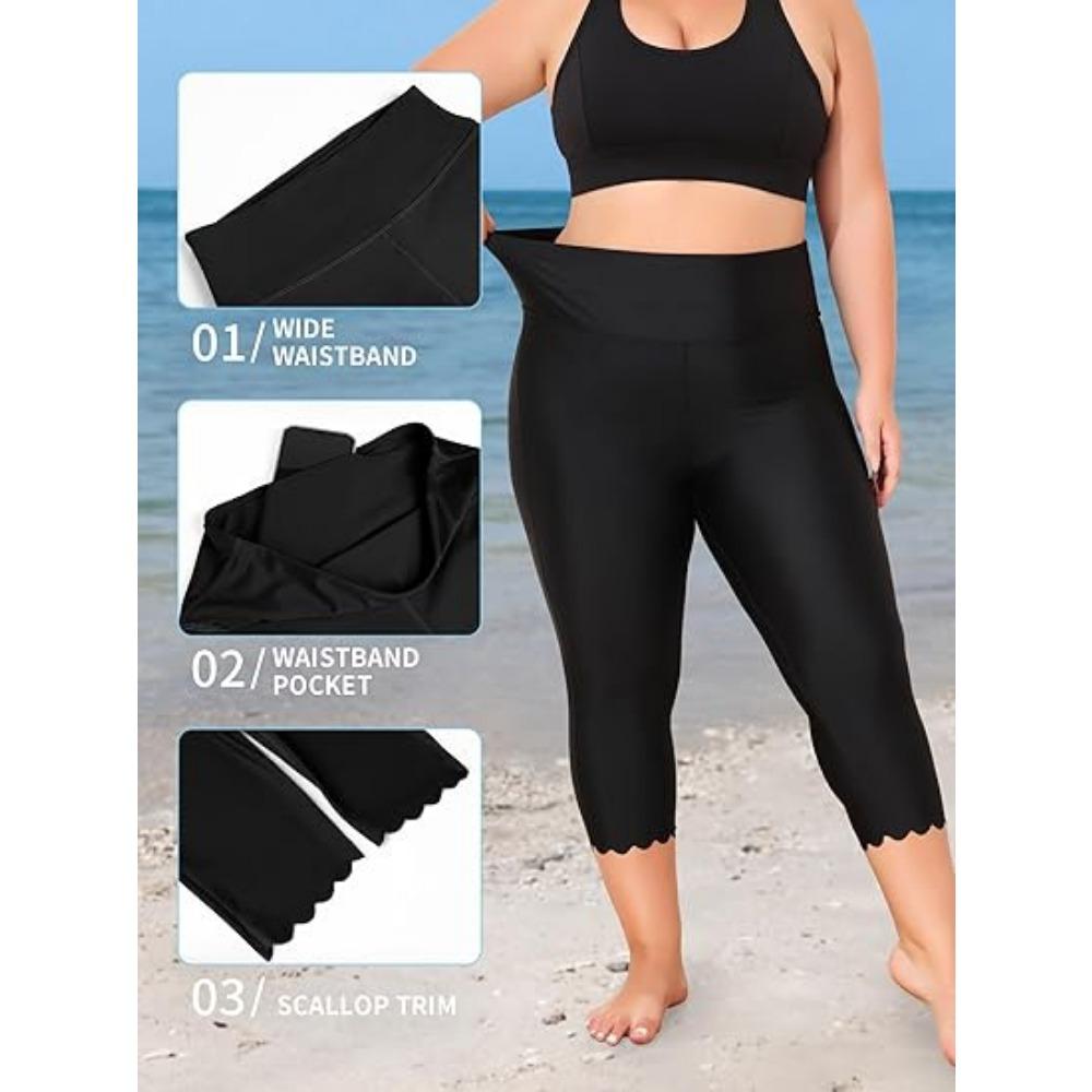 CHARMLEAKS Plus Size Swim Pants for Women High Waisted Swim Capris Waistband Pockets Swim Shorts Swimming Leggings
