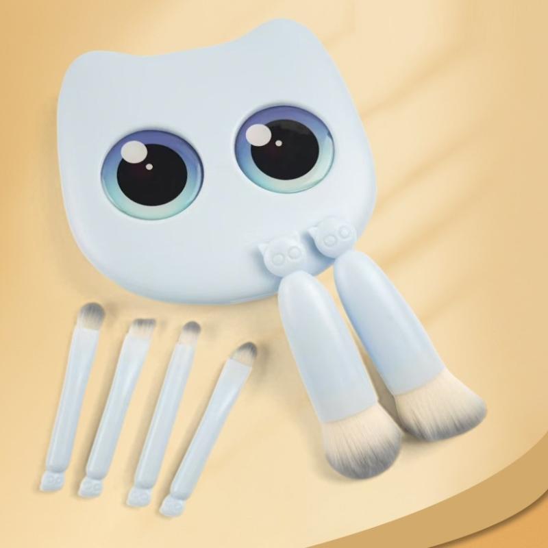 6 Stück Mini Reise-Make-up-Pinsel Set Mit Spiegel Katze Aufbewahrungsbox Reise-Make-up-Pinsel Set Kosmetikpuder Rouge Verblendungsbürsten