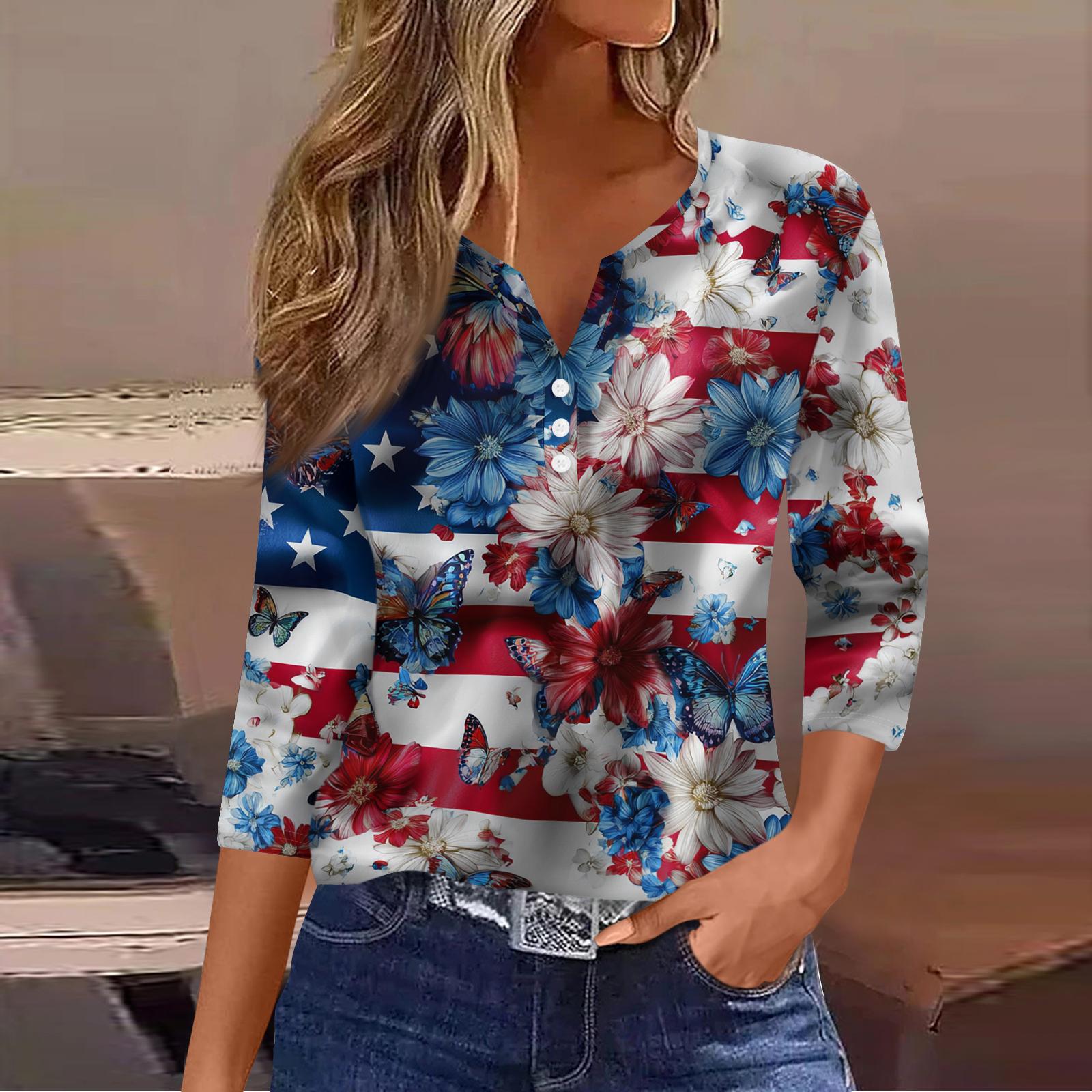 

Women s Fashionable Casual Independence Day American Flag And Stars Print V-neck Short-Sleeved Work Shirt With Double Side Slits And Pockets XL білий