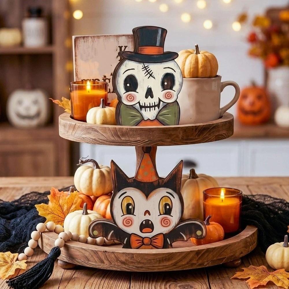 Cartoon Halloween Wooden Tabletop Sign Vintage Bat Black Cat Figurines Tabletop Display