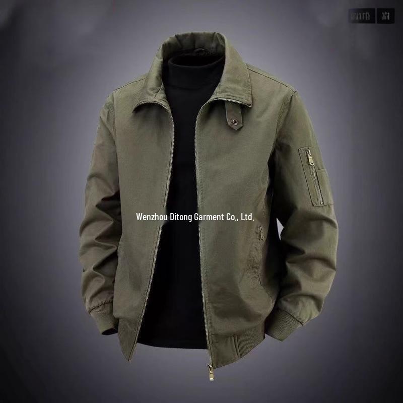 Men's Retro Pilot Lapel Cotton Jacket - Solid Color, Plus Size, Spring/Autumn Workwear Style