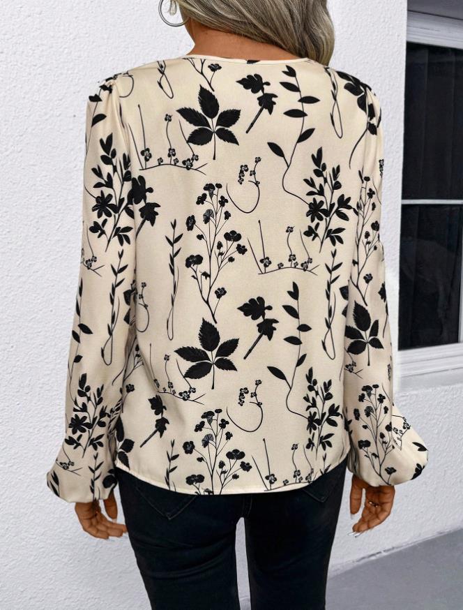2025 European & American V-neck Long Sleeve Printed Casual Shirt for Women - Spring/Autumn