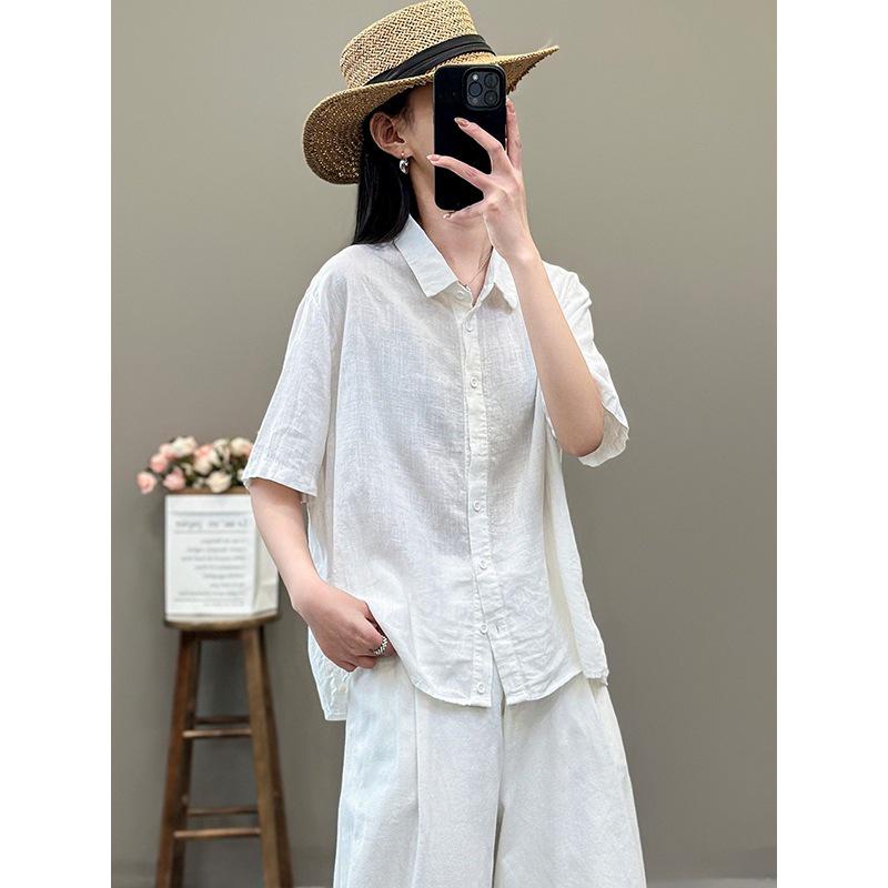 Women's Retro-Style Cotton & Linen Five-Sleeve Lapel Shirt for Spring/Summer