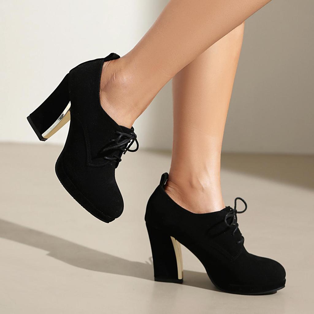 Women's high heels, single shoes, spring and autumn waterproof platform, thick heel, lace up, large size, all season shoes
