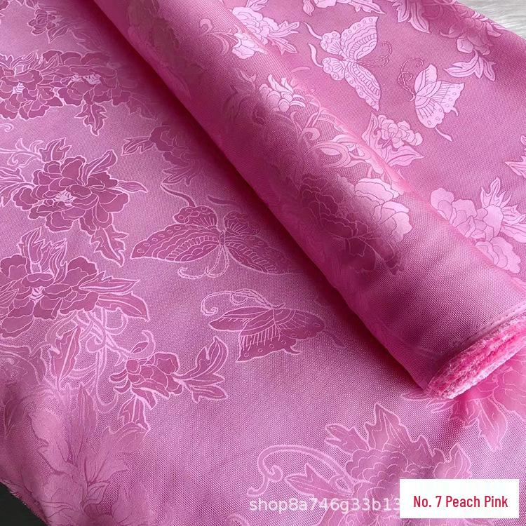 Žakárová látka Hanfu Qipao s otevřeným vzorem Motýli a pivoňky - 100% morušové hedvábí