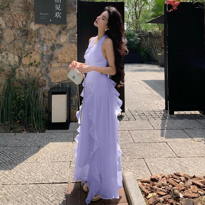 Sleeveless Collar Neck Gentle Temperament Fungus Edge Backless Dress Beach Dress