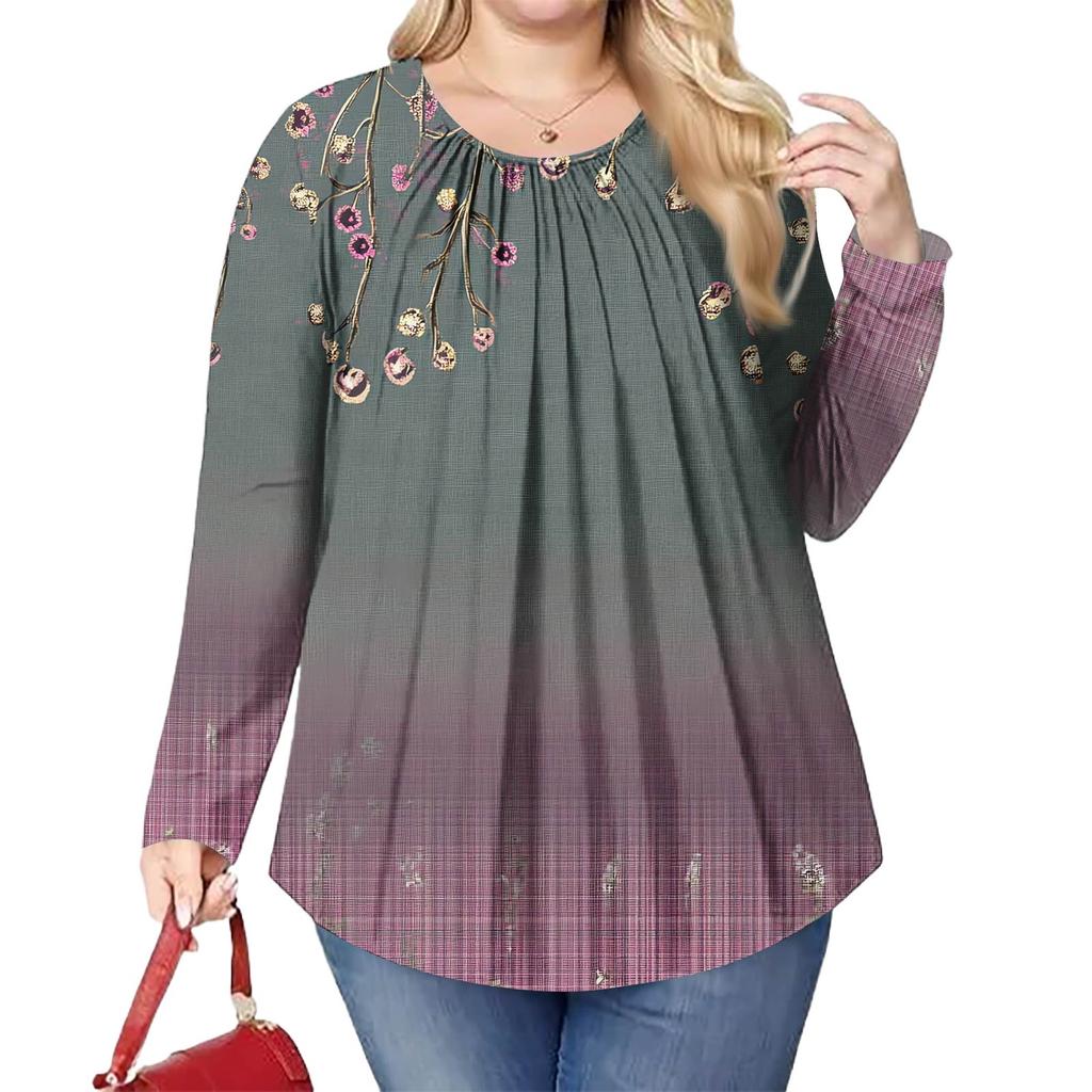 Women's Plus Size Fashion Printed Casual Pleated Round Neck Long Sleeve Top