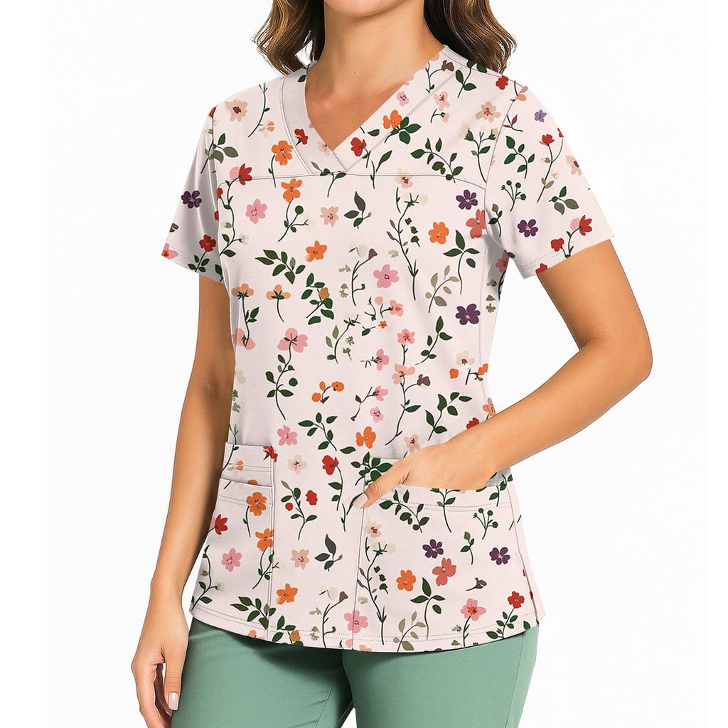 Women's Casual Printed V-Neck Pocket Side Slit Short Sleeved Top Short Sleeved Top