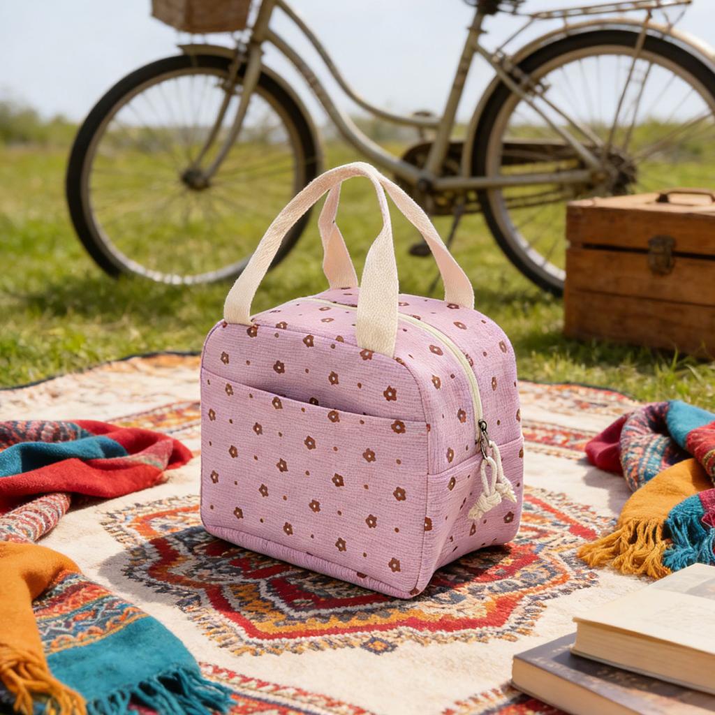 Insulated Lunch Bag Portable Reusable Cooler Handbag for Work Picnic Travel Large Capacity Aluminum Foil Liner Flower Pattern