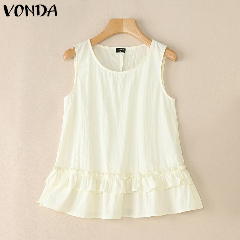 VONDA Women Summer Tank Tops Sleeveless Round Neck Ruffled Casual Blouse