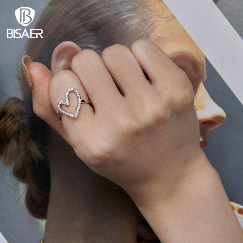 Bisaer 925 Sterling Silver Simple Heart-shaped Finger Ring for Women Anniversary Valentine's Day Gift Cubic Zirconia Jewelry