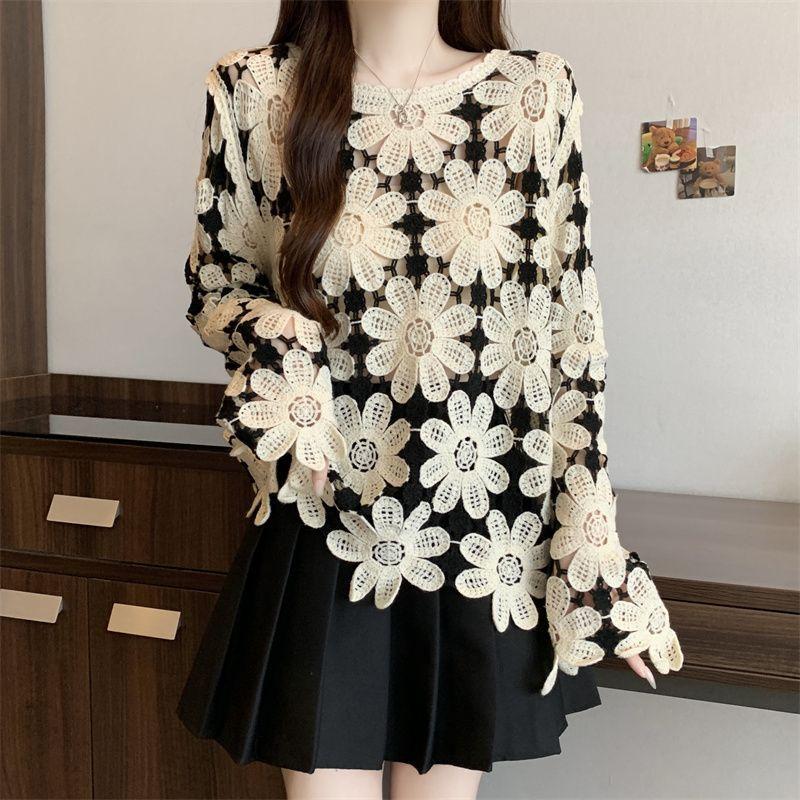 Bohemian Crochet Hollow Knit Sweater for Women Loose Color-Block Long-Sleeve Knit Pullover Top