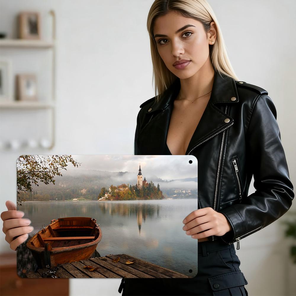 

HD Metal Tin Sign Misty Lake Bled Scenery with Wooden Rowboat Church Island and Autumn Foliage Serene European Landscape Wall 20x30cm（7.8x11.8inch）