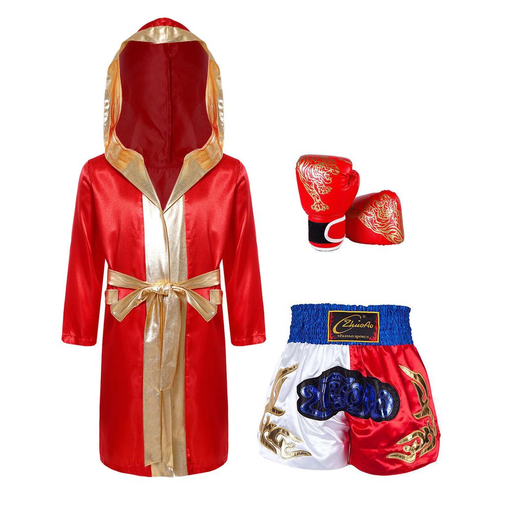 Boys Girls Halloween Carnival Theme Party Boxer Cosplay Costume Boxing Robe Long Sleeve Satin Hooded Cloak with Belt Shorts