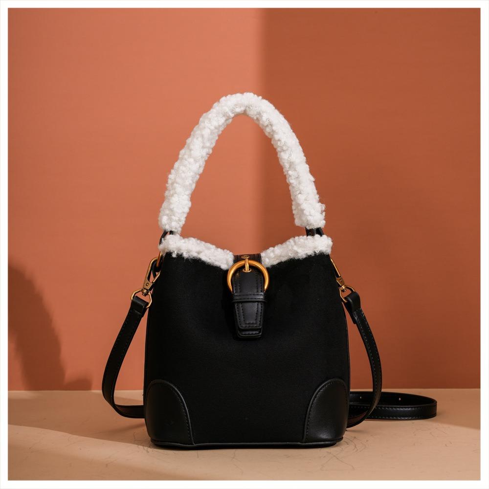 Light Luxury Fashion Women's Shoulder Bags High Quality PU Bag Body Plush Handle Ladies Messenger Bag Casual Retro Female Bucket Bag Mother's Day Gift