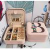 PU Leather Jewelry Box Mirror Storage Box 26 Letter Printed Portable Jewelry Organizer Earring Ring Necklace Case