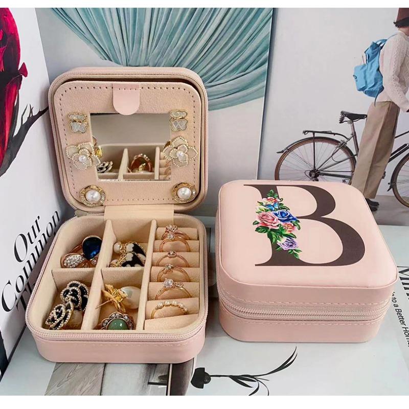 PU Leather Jewelry Box Mirror Storage Box 26 Letter Printed Portable Jewelry Organizer Earring Ring Necklace Case