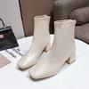 New Women's Boots Winter Korean Edition Square Head Rear Zipper Short Boots Women's Thick Heel Middle Heel Boots Children