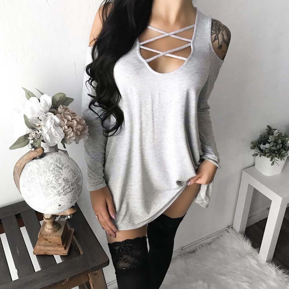 Womens Fashion Summer Sexy Off Shoulder Bandage Blouse Long Shirt Sleeve Tops