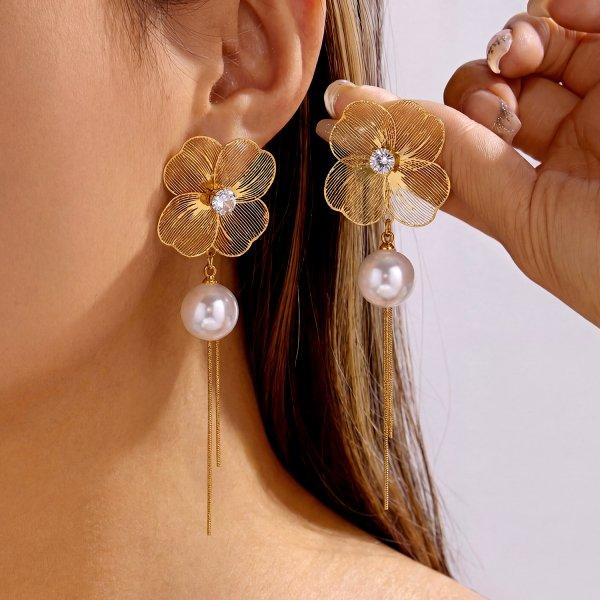 Gold Color Double Layer Hollow Flower Hoop Earring for Women Vintage Exaggerate Metal Big Petal Earring Party Daily Wear Jewelry