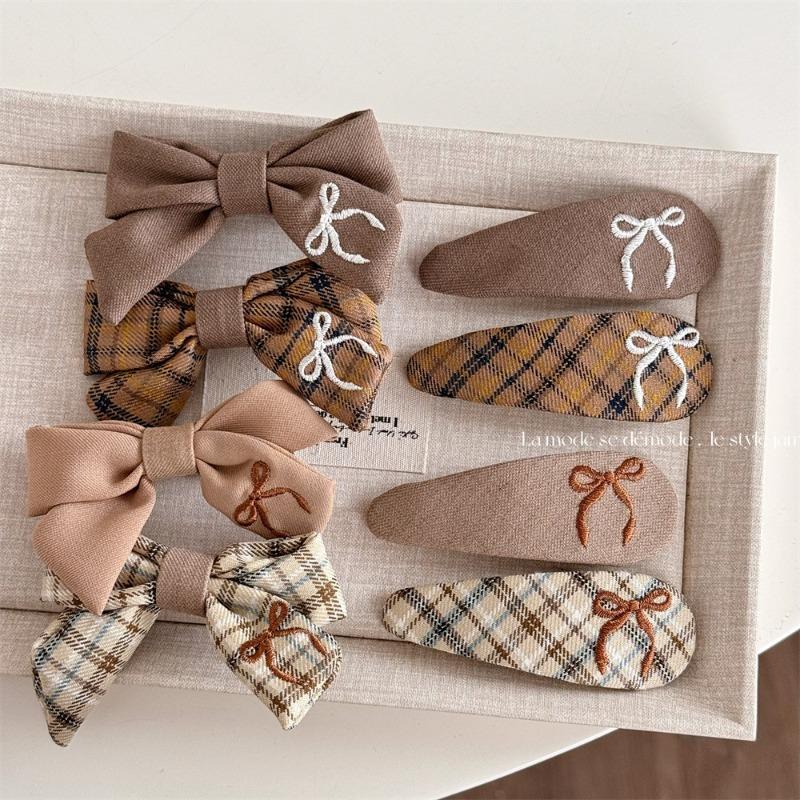 Milk Coffee Plaid Embroidered Bow Hairpin Sweet and Cute BB Clip Versatile Texture Side Clip Hair Accessories