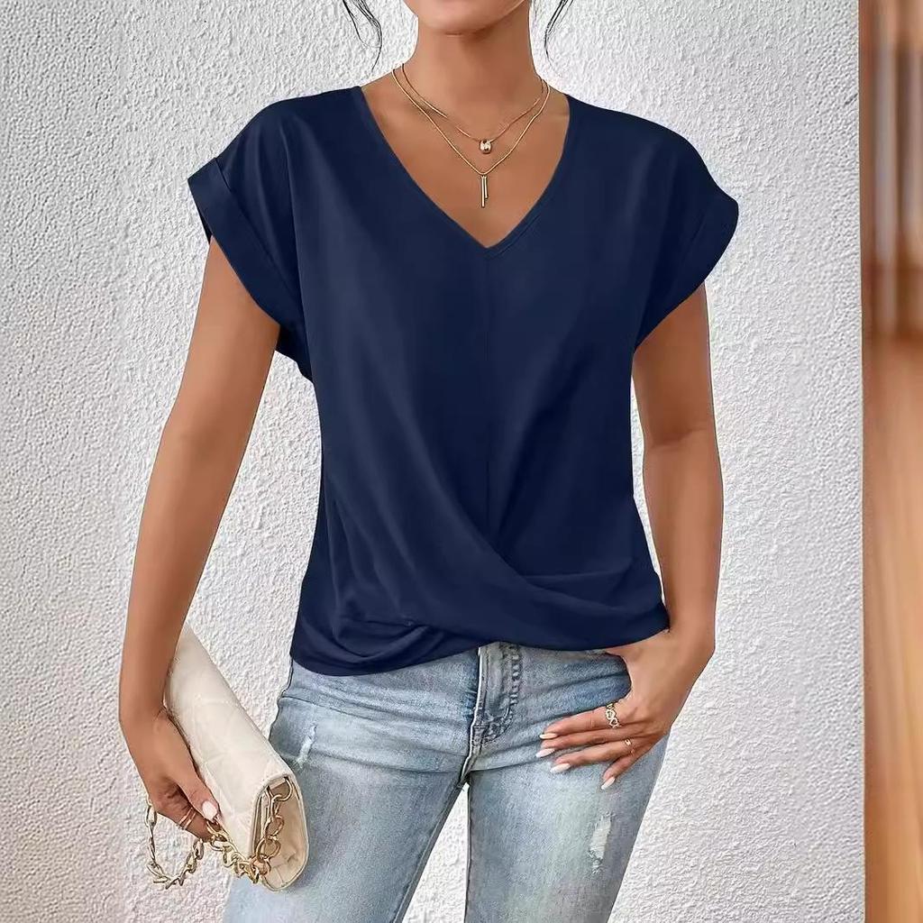 Damenmode Lässig Sommer Frühling Einfarbige Druck Kurzarm V-Ausschnitt Blusen Hemden