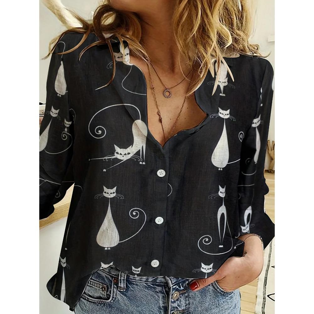 Women's Shirt Spring Fashion Clashing Color Patchwork Shirt Tops Blouse Temperament Sense Long Sleeve Cat Print Shirts