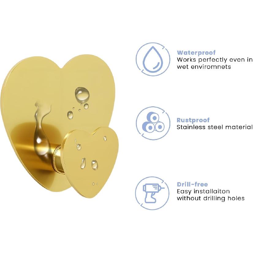 Heart Hooks Multipurpose Hooks 4 Coat Hooks with Adhesive Backing Damage-Free Hanging and No Tools for Jewelry, Necklaces, Hats, Bags, Dog Leashes,