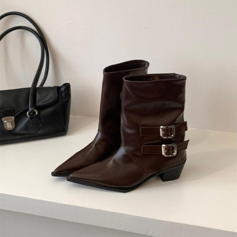 Pointed Toe Thick Heel Woman Pipe Ankle Boot Fashion Ladies Belt Buckle Slim Short Booties Autumn Winter Women