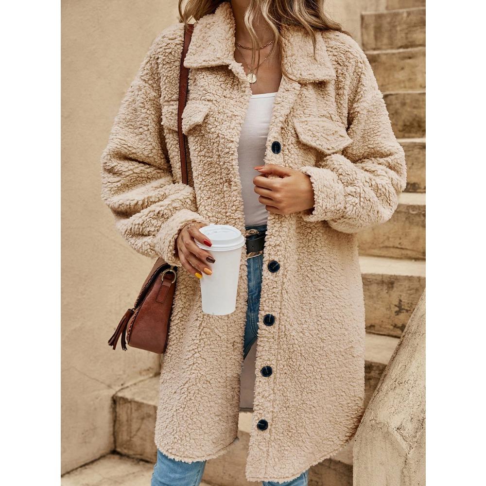 Women's Lapel Long Sleeve Teddy Coat Loose Fit Solid Color Single Button Pocket Commuter Long Fleece Jacket