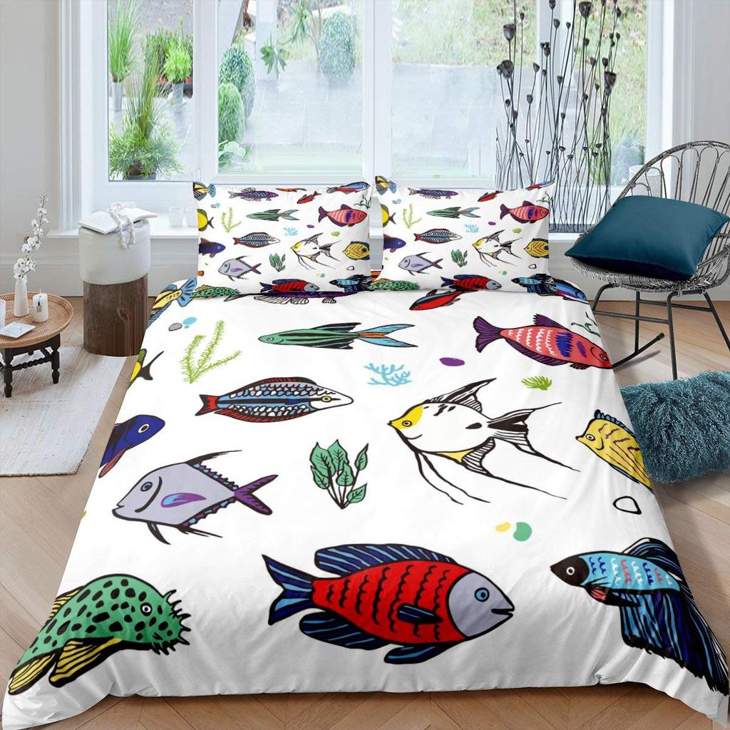 Cartoon Clownfish King Queen Duvet Cover Tropical Marine Life Quilt Cover Underwater World Bedding Set Polyester Comforter Cover