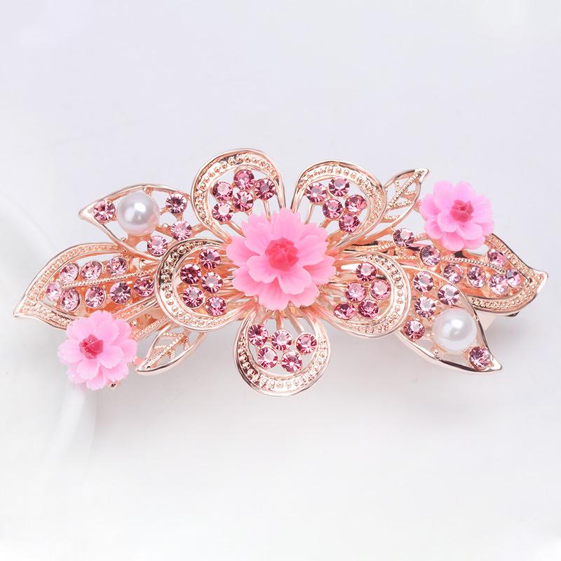 Clip de Primavera de Circonita Blanca Flor de Pedrería Brillante Clip Superior Clip Horizontal Elegante Adorno para el Cabello de Moda para Madres